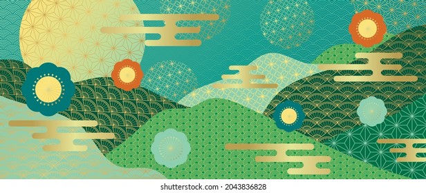 Vector de fondo de estilo oriental. Patrón chino y japonés de arte oriental con textura de línea dorada. Diseño de fondo de escritorio con montaña y flor , Océano y ola.