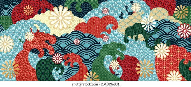 Oriental style background vector. Chinese and Japanese pattern oriental line art with golden line art texture. Wallpaper design with mountain and flower , Ocean and wave.