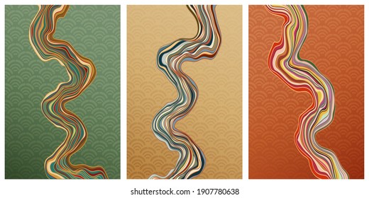 Oriental style background with wave line pattern. Japanese motif river surface texture design. Abstract gradient template with geometric ornament. 