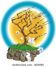 Oriental style blossom tree.  An oriental style blossom tree on a wind swept cliff top with blossom flowers bowing about