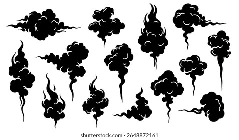 Conjunto de iconos de nube de estilo oriental en silueta de pincelada para diseño de fantasía y arte conceptual