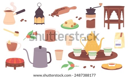 Oriental style coffee break. Cups and beans, branches and wooden decorative table. Arabic furniture and crockery, drinking time vector elements