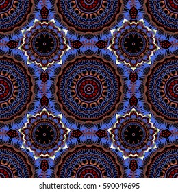 Oriental style. Damask seamless pattern in blue, violet and brown colors. Hand drawn. Vector vintage floral ornament. Design for fabric, wallpaper, background, invitation, wrapping and book covers.