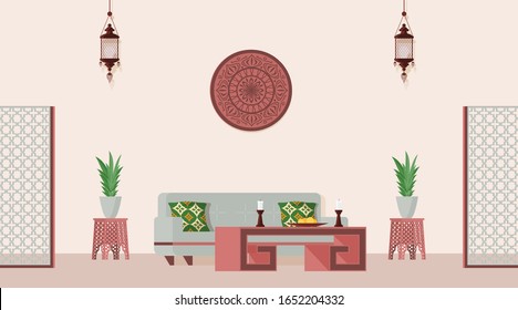 Oriental style decorated living room. Vector flat illustration of Arabian or Indian style designed room with table, sofa, lanterns, home plants, wall decorations, and screens.