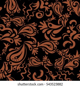 Oriental style. Design for fabric, wallpaper, background, invitation, wrapping and book covers. Damask seamless pattern in black and brown doodles. Vector vintage ornament. Hand drawn illustration.