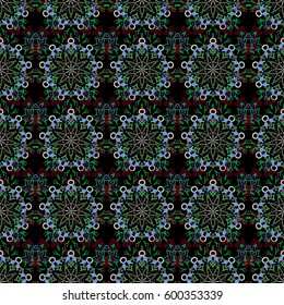 Oriental style. Design for fabric, wallpaper, background, invitation, wrapping and book covers. Vector vintage ornament. Hand drawn illustration. Damask seamless pattern in green and beige colors.