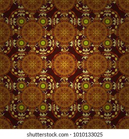Oriental style for fabric. Vector seamless abstract ornament. Cotton or silk headscarf, kerchief square pattern design in orange, yellow and brown colors.