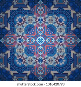 Oriental style for fabric. Vector seamless abstract ornament. Cotton or silk headscarf, kerchief square pattern design in pink, blue and violet colors.