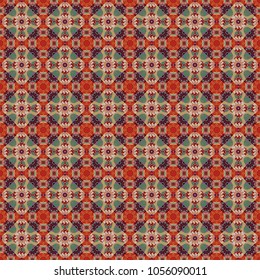 Oriental style for fabric. Vector seamless abstract ornament. Cotton or silk headscarf, kerchief square pattern design in green, red and brown colors.