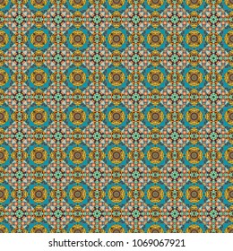 Oriental style for fabric. Vector seamless abstract ornament.Kerchief square pattern design in yellow, blue and brown colors.