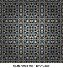 Oriental style for fabric. Vector seamless abstract ornament.Kerchief square pattern design in beige, black and blue colors.