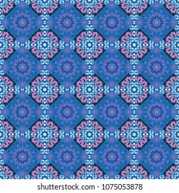 Oriental style for fabric. Vector seamless abstract ornament. Cotton or silk headscarf, kerchief square pattern design in violet, blue and purple colors.