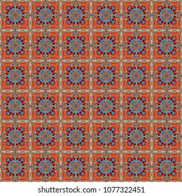 Oriental style for fabric. Vector seamless abstract ornament.Kerchief square pattern design in blue, orange and red colors.