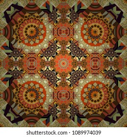 Oriental style for fabric. Vector seamless abstract ornament.Kerchief square pattern design in orange, yellow and brown colors.