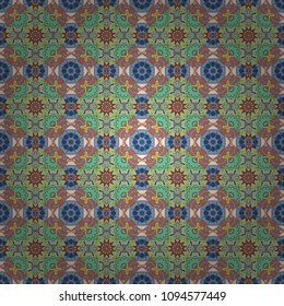 Oriental style for fabric. Vector seamless abstract ornament.Kerchief square pattern design in yellow, green and blue colors.