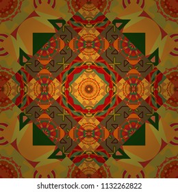 Oriental style for fabric. Vector seamless abstract ornament.Kerchief square pattern design in orange, yellow and brown colors.