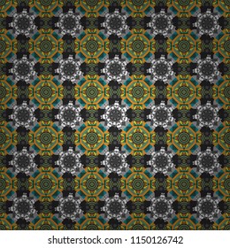 Oriental style for fabric. Vector seamless abstract ornament.Kerchief square pattern design in gray, yellow and blue colors.