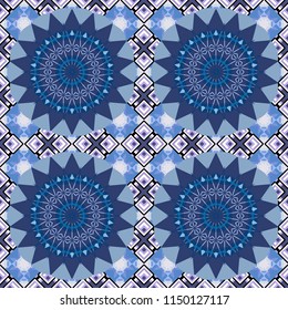Oriental style for fabric. Vector seamless abstract ornament.Kerchief square pattern design in violet, white and blue colors.