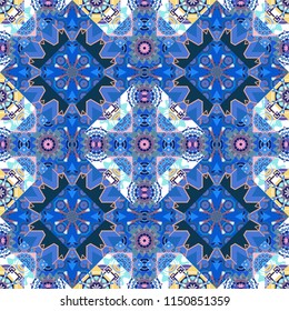 Oriental style for fabric. Vector seamless abstract ornament.Kerchief square pattern design in white, blue and violet colors.