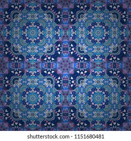 Oriental style for fabric. Vector seamless abstract ornament.Kerchief square pattern design in blue, violet and gray colors.