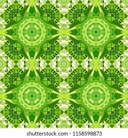 Oriental style for fabric. Vector seamless abstract ornament.Kerchief square pattern design in green, yellow and white colors.