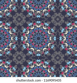 Oriental style for fabric. Vector seamless abstract ornament.Kerchief square pattern design in blue, black and green colors.