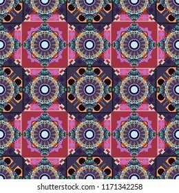 Oriental style for fabric. Vector seamless abstract ornament.Kerchief square pattern design in violet, blue and gray colors.