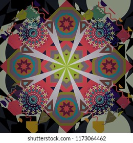 Oriental style for fabric. Vector seamless abstract ornament.Kerchief square pattern design in beige, gray and green colors.