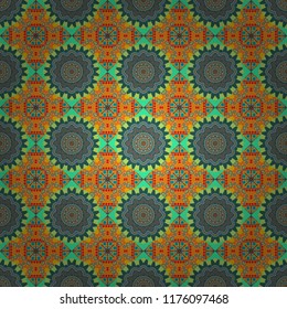 Oriental style for fabric. Vector seamless abstract ornament.Kerchief square pattern design in green, blue and orange colors.