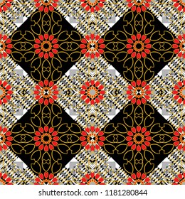 Oriental style for fabric. Vector seamless abstract ornament.Kerchief square pattern design in gray, orange and black colors.