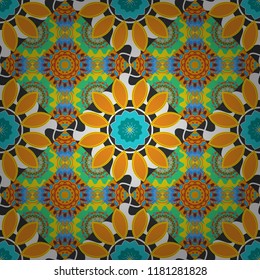 Oriental style for fabric. Vector seamless abstract ornament.Kerchief square pattern design in yellow, orange and blue colors.