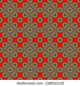 Oriental style for fabric. Vector seamless abstract ornament.Kerchief square pattern design in orange, blue and red colors.