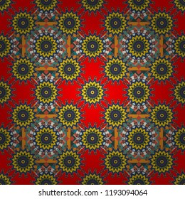 Oriental style for fabric. Vector seamless abstract ornament.Kerchief square pattern design in yellow, blue and red colors.