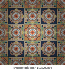 Oriental style for fabric. Vector seamless abstract ornament.Kerchief square pattern design in beige, gray and orange colors.