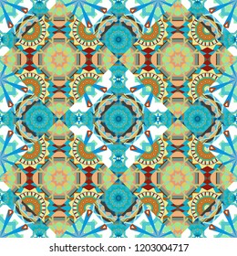 Oriental style for fabric. Vector seamless abstract ornament.Kerchief square pattern design in orange, blue and green colors.