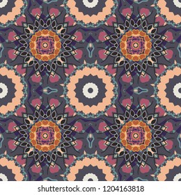 Oriental style for fabric. Vector seamless abstract ornament.Kerchief square pattern design in gray, beige and pink colors.