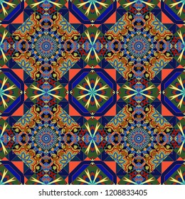 Oriental style for fabric. Vector seamless abstract ornament.Kerchief square pattern design in blue, green and orange colors.