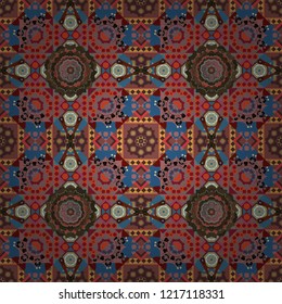 Oriental style for fabric. Vector seamless abstract ornament.Kerchief square pattern design in blue, red and brown colors.