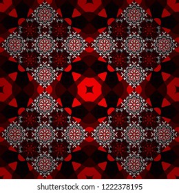 Oriental style for fabric. Vector seamless abstract ornament.Kerchief square pattern design in brown, red and black colors.