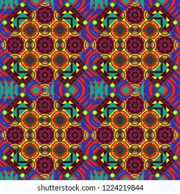 Oriental style for fabric. Vector seamless abstract ornament.Kerchief square pattern design in blue, red and brown colors.