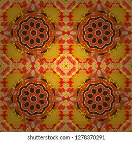 Oriental style for fabric. Vector seamless abstract ornament.Kerchief square pattern design in yellow, red and orange colors.