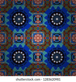 Oriental style for fabric. Vector seamless abstract ornament.Kerchief square pattern design in blue, brown and black colors.