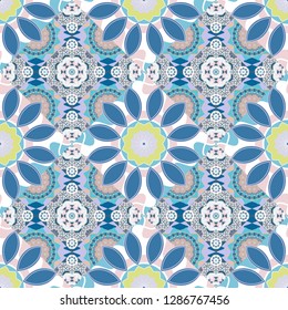 Oriental style for fabric. Vector seamless abstract ornament.Kerchief square pattern design in violet, gray and blue colors.