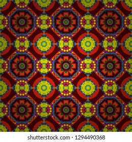 Oriental style for fabric. Vector seamless abstract ornament.Kerchief square pattern design in red, purple and yellow colors.