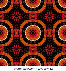 Oriental style for fabric. Vector seamless abstract ornament.Kerchief square pattern design in orange, brown and black colors.