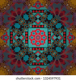 Oriental style for fabric. Vector seamless abstract ornament.Kerchief square pattern design in brown, green and blue colors.