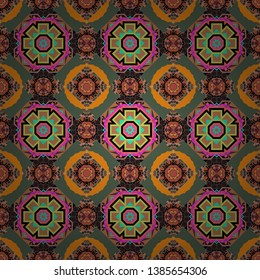 Oriental style for fabric. Vector seamless abstract ornament.Kerchief square pattern design in black, brown and green colors.
