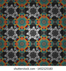 Oriental style for fabric. Vector seamless abstract ornament.Kerchief square pattern design in yellow, blue and gray colors.