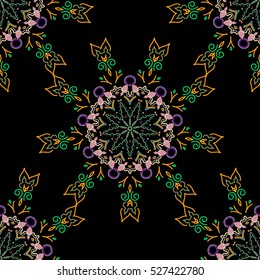 Oriental style. Hand drawn. Design for fabric, wallpaper, background, invitation, wrapping and book covers. Vector vintage floral ornament. Damask seamless pattern in neutral, purple and green colors.