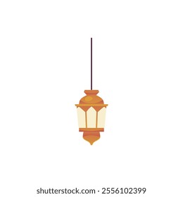 Oriental style hanging lantern decoration. Vintage hanging lamp with golden lampshade, chandelier with light bulb flat icon. Vector illustration of Arabian lamp, antique interior design element